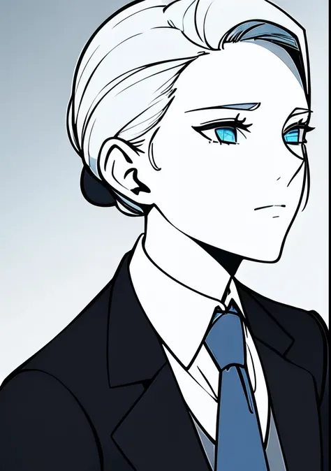 One Young Adult female, pale blonde slicked back into a short ponytail with a single bang on the left hand side, steel blue eyes, light and carefree expression, wearing black suit jacket and tie, portrait style, facing forwards