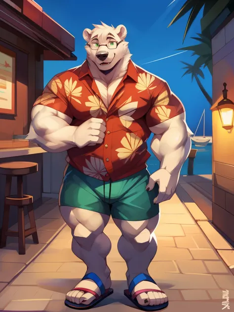 by mystikfox61, author:flash trap boy, by juice, by dark gems, alone, male, polar bear, white fur, green eyes, delicate eyes, Detailed hands, muscular, overweight, muscular intestine, big biceps, smiling, Glasses, Wear beach shorts,Wearing a Hawaiian short...