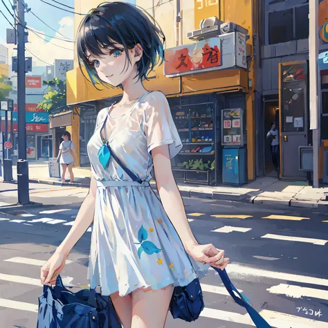 young girl，blue short hair，White simple short-sleeved suit blue shirt。The sun smiles on the street corner，it&#39;s clear，sunny。hand drawn style