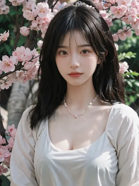 best quality， ultra high resolution， （realistically：1.4）， Cute tiara，Baoyu Girl， A pair of clear and charming peach blossom eyes,Royal sister，The sun shines on the face，Long curly hair，（in the cherry blossom tree：1.4），（necklace：1.2），（White skin：1.4），（Full ...