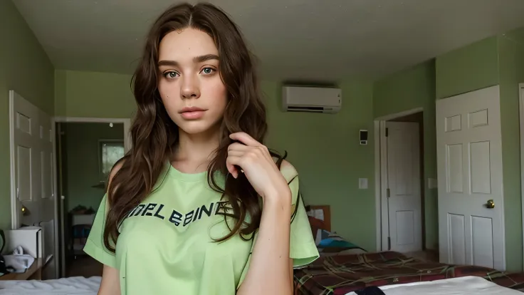 1 girl, 21yo, round beautiful green eyes, brunette wig, thinking, hand on the face, ((doubt expression)), beautiful woman, perfect skin (freckles), green clothes, on a dirty and mess motel room, ((full body)), standing, wearing clothes