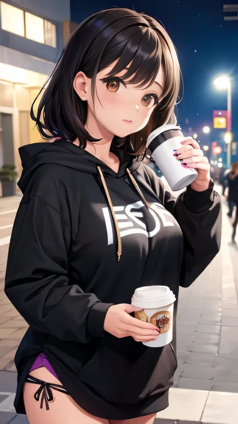 una chica hermosa de pie,  wearing an oversized black hoodie, falda muy corta, trasero grande y tetas grandes, usando auriculares,  holding a cup of coffee,  parado en medio de la calle,  noche, (obra maestra), (Mejor calidad), (ultra detallado),(pelo desp...