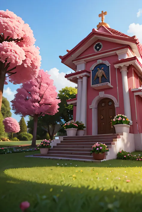 igreja templo de Jesus, vegetation trees roses, pleasant environment love personification, renderizado:(caricatura:1.3,production film, a pose:(vivaz:1.2, divertido), modelado:(ultra-qualidade:1.2,8k,orthographic view),tulipas, blue sky, arvores rosas, flo...