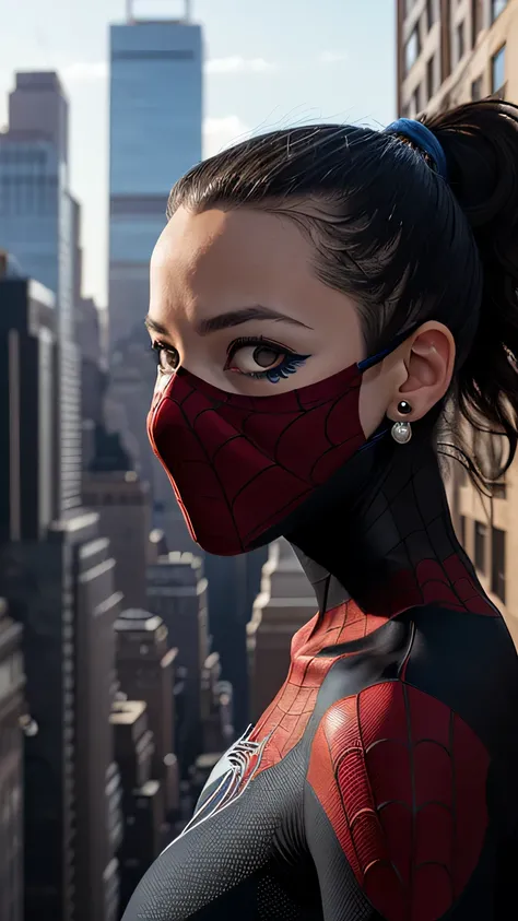 spider suit, spiderweb print, spiderweb, spiderman, masterpiece, absurd, small details, HDR, ((highly detailed face and eyes)), realistic,, focus on the eyes,, A girl standing on the roof of a skyscraper, ((With mask)), looking at the viewer,black hair, gi...