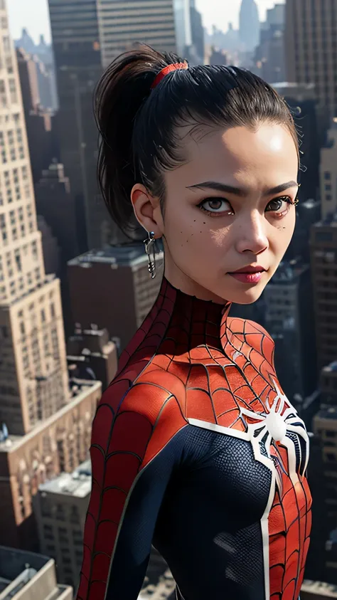 spider suit, spiderweb print, spiderweb, spiderman, masterpiece, absurd, small details, HDR, ((highly detailed face and eyes)), realistic,, focus on the eyes,, A girl standing on the roof of a skyscraper, looking at the viewer,black hair, girl focus,(ponyt...