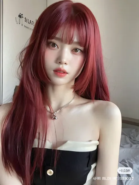 um close up de uma mulher con el pelo largo y rojo usando um vestido preto, ulzzang, pale red, con el pelo largo y rojo, pelo la...