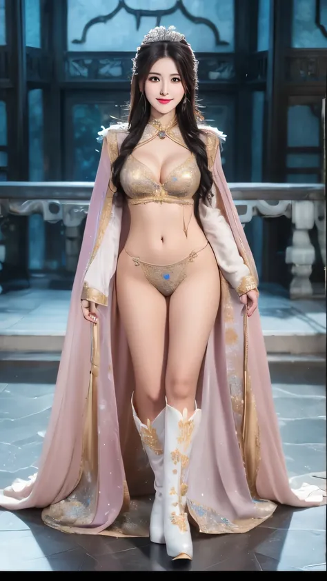 Chinese woman wearing golden bikini and gold cloak posing for photo, full body xianxia, sweet smile，Sexy Lingerie，high cut underwear，long legged girl，put on boots，huge breasts，Beautiful fantasy queen, 穿着fantasy costumes, Gorgeous role play, Queen of the Se...