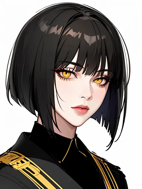 1 girl, villain, yellow eyes, bangs, 鈍いbangs, bob cut, closed mouth, lips, looking at the viewer, portrait, short hair, sketch, ...