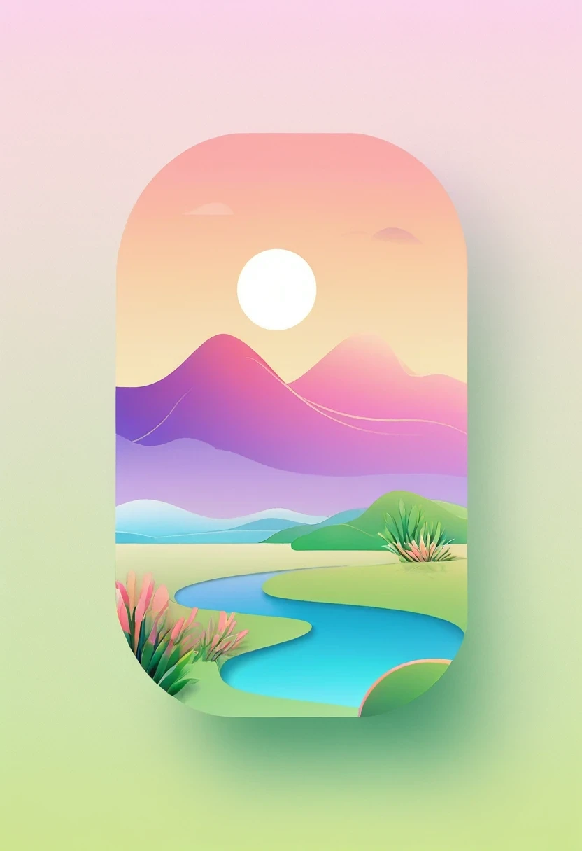 (vector art:1.5),a poster，In the background is a colorful landscape and a mountain, pale gradient design, minimal background, simple background, solid color background, beautiful gradient, iPhone 15 background, Vibrant colors with smooth gradients, Simple ...