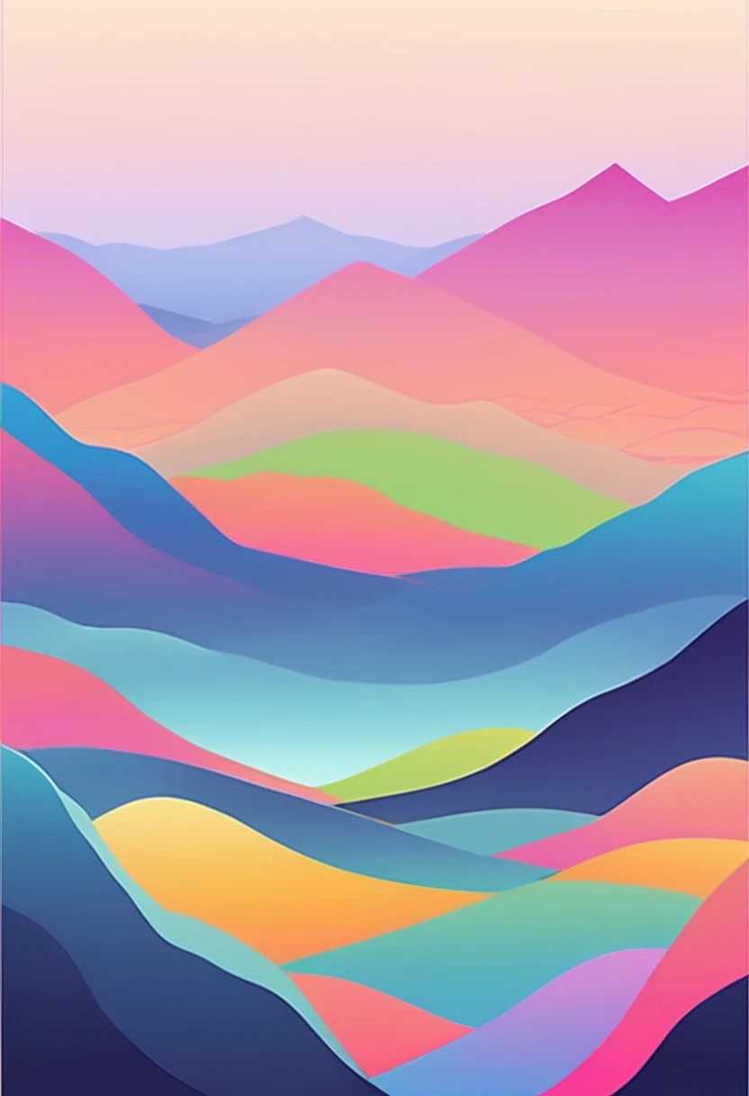 (vector art:1.5),a poster，In the background is a colorful landscape and a mountain, pale gradient design, minimal background, simple background, solid color background, beautiful gradient, iPhone 15 background, Vibrant colors with smooth gradients, Simple ...