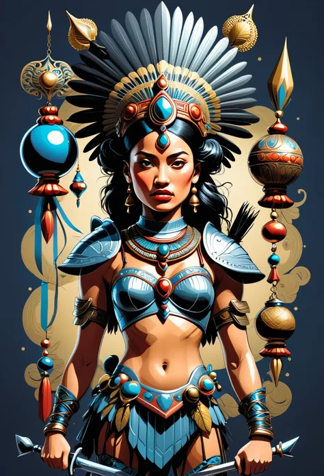 vector cartoon illustration of a amazon woman warrior with vintage ornaments, surreal, by gottfried helnwein, surrealism,