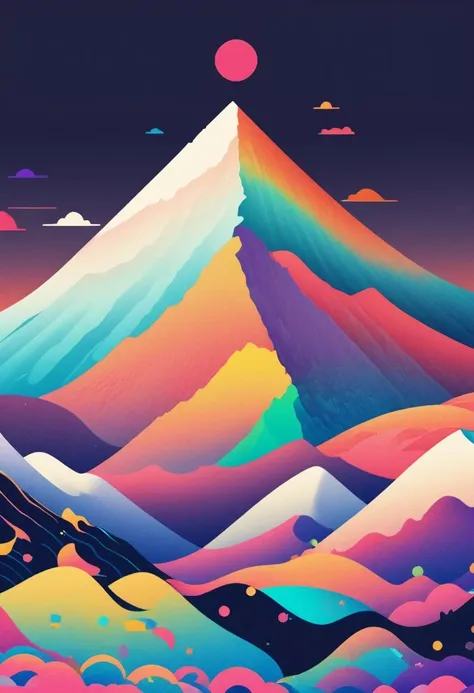 (vector art:1.5),a poster，in the background is a colorful landscape and a mountain, pale gradient design, minimal background, si...