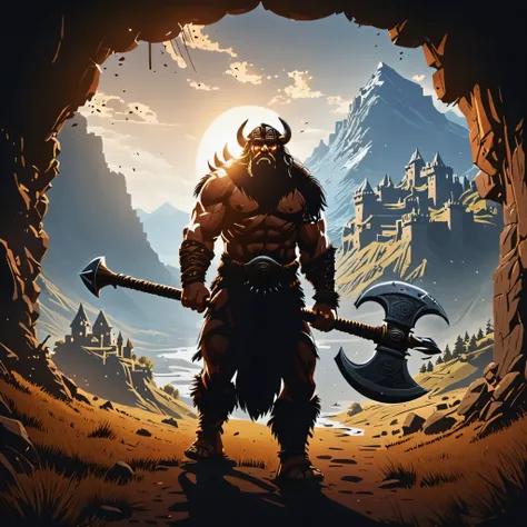 (best quality,4k,highres,masterpiece:1.2), ultra-detailed, realistic, vectorized (barbarian:1.1), dark cave exit, large shiny ax...