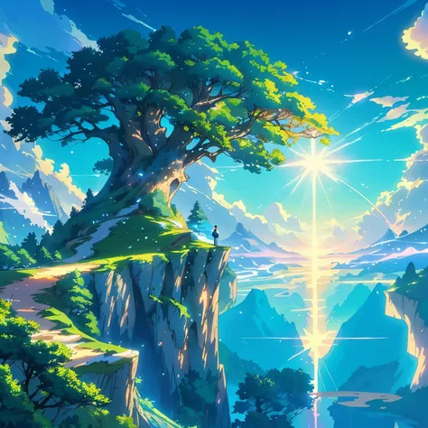 a painting of a tree on a cliff overlooking a lake, anime beautiful peace scene, anime nature wallpap, anime nature, made of tree and fantasy valley, dream scenery art, anime landscape wallpaper, beautiful anime scenery, amazing wallpaper, scenery artwork,...