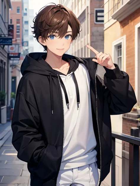 1boy,guy,standing,smile,blue eyes,half body photo,18 years old,Curly hair,medium hair,undercut hairstyle,light brown hair,black hoodie,white trousers,morning,ultra detail,masterpiece