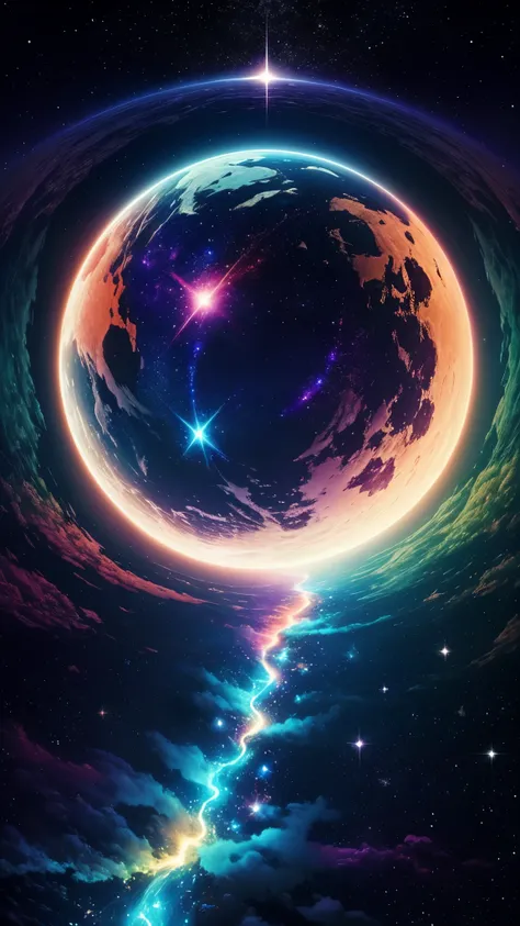 Create a unique painting, inspired by “Celestial Dreams”.,&#39;, which combines cosmic images and dreamy landscapes to create a surreal masterpiece, symmetrisch, Planet, leuchtende Farben, wallpaper, trending on instagram, something alien