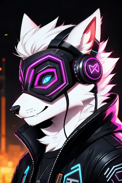 young werewolf, white fur, wearing a black jacket with neon details, sporting a cybernetic mask, with gamer headphones, profile ...