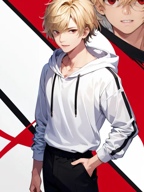 1 boy, guy, handsome, 18 years old, close up photo, standing, slight smile, Short blonde hair, messy hair, handsome,white hoodie,black trousers,red eyes, vampire, ultra detail, ultra HD, masterpiece, best quality