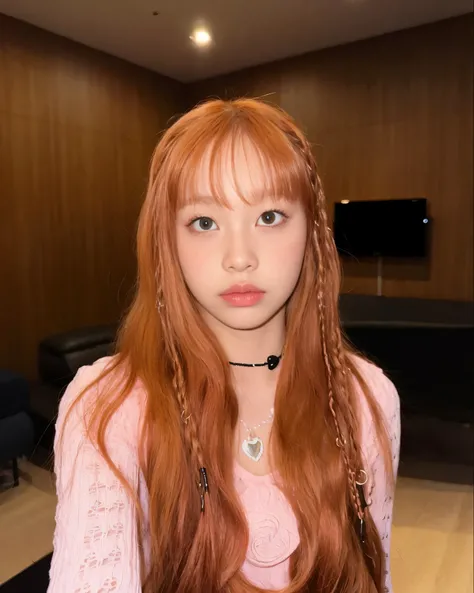 There is a woman with long red hair and a pink shirt, jossi do blackpink, portrait of jossi do blackpink, Lalisa Manoban do Blackpink, lalisa manobal, parque roseanne de blackpink, o corte Hime, ela tem cabelo longo redoranjado, braids hairstyle, Com franj...