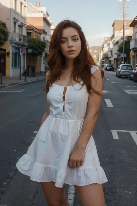 1 chica, 24 years old, (pelo rojo brillante: 1.3), cabello hasta los hombros, pecas, blue eyes, foto (fotorealism: 1.4), realistic anatomy, pechos medianos, parado en la calle, vestido marilyn monroe, Viento fuerte, pelo ondeando por el viento, the wind li...