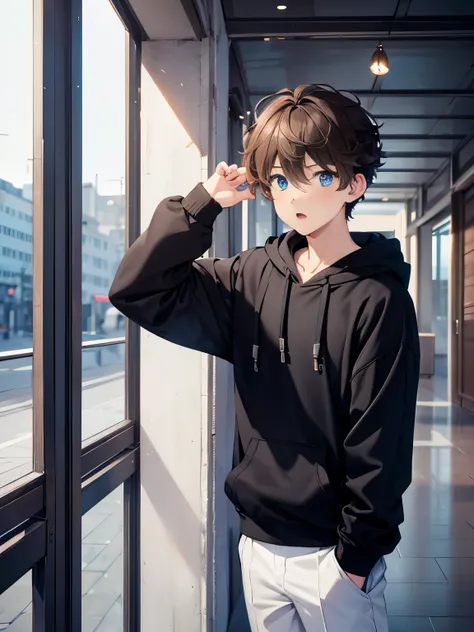 1boy,guy,standing,Surprised expression, shocked expression,Two Hands on the head,blue eyes,half body photo,18 years old,Curly hair,medium hair,undercut hairstyle,light brown hair,black hoodie,white trousers,morning,ultra detail,masterpiece