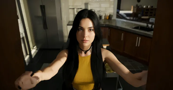 retexture for a more realistic image.
Caucasian woman with black hair opening the kitchen cabinet.