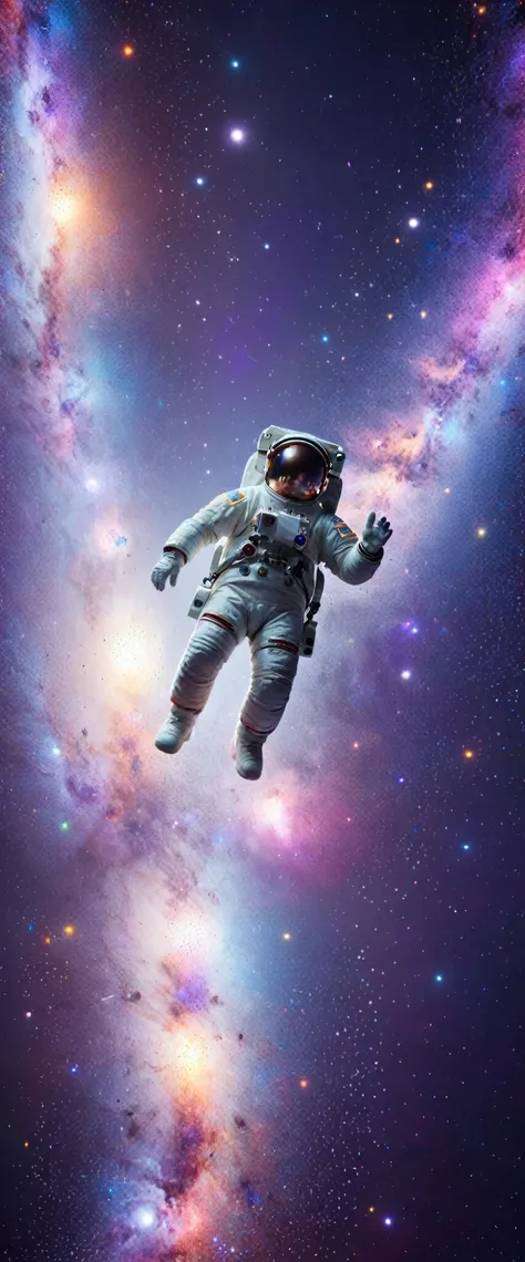 Einer Astronautin, floating in space near a space station, mit AIS-Partikeln,lila, bunt, die eine sehr farbenfrohe Aura um den Anzug bilden.