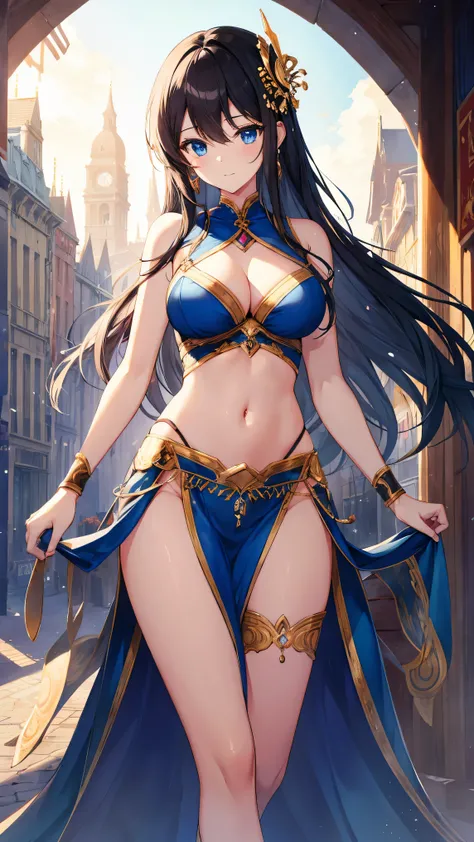 Great masterpiece、hight resolution、1girl 、black hair , blue eyes , black belly dancer、A sexy、