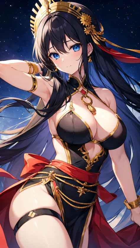 Great masterpiece、hight resolution、1girl 、black hair , blue eyes , black belly dancer、A sexy、