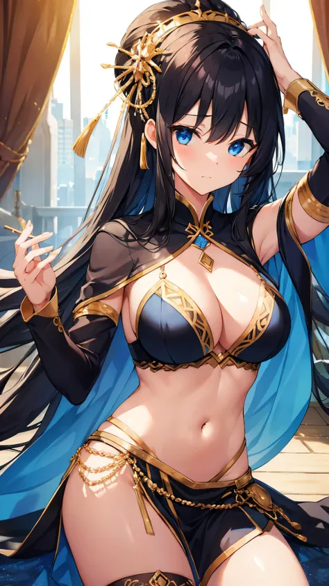 Great masterpiece、hight resolution、1girl 、black hair , blue eyes , black belly dancer、A sexy、