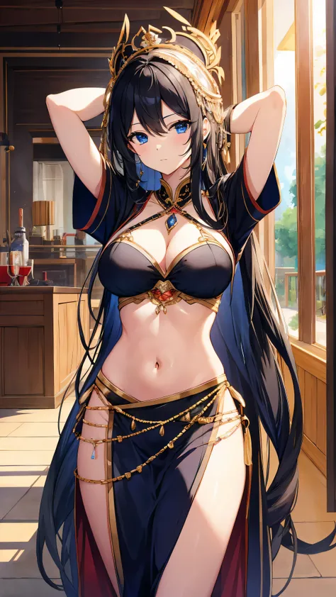 Great masterpiece、hight resolution、1girl 、black hair , blue eyes , black belly dancer、A sexy、