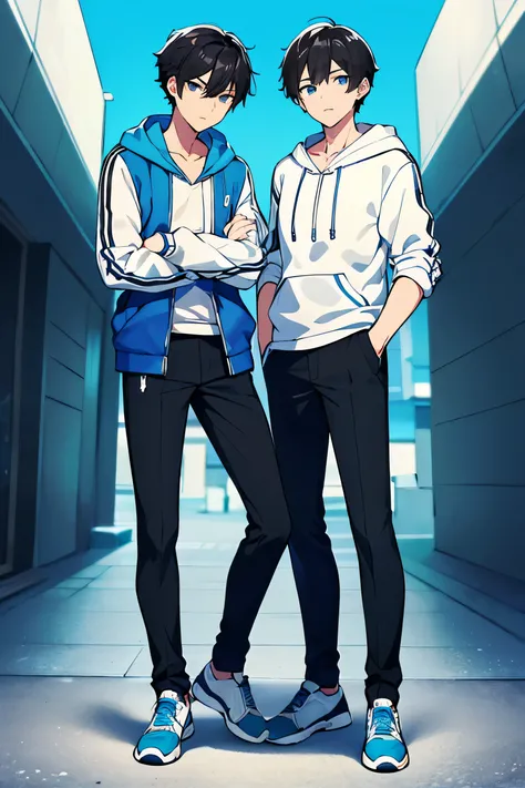 (High quality, masterpiece, best quality) 1boy, short black hair, light skin, blue eyes, male body, muscular body, white shirt, open blue hoodie, black pants, green shoes, pose crossing arms, alley stage in the day, full body