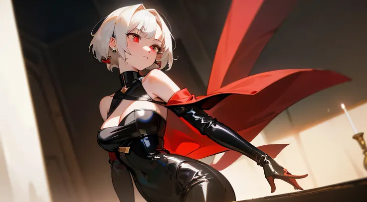 ((Best Quality, 8K, Masterpiece: 1.3)), 1girl, Beauty: 1.3, (Hairstyle Casual ,short white hair, Big Breasts: 1.2), black outfit: 1.1, Super Fine Face, Delicate red Eye color, green earings shaped like a cross, no sleeves, red cloak attached by gold round ...