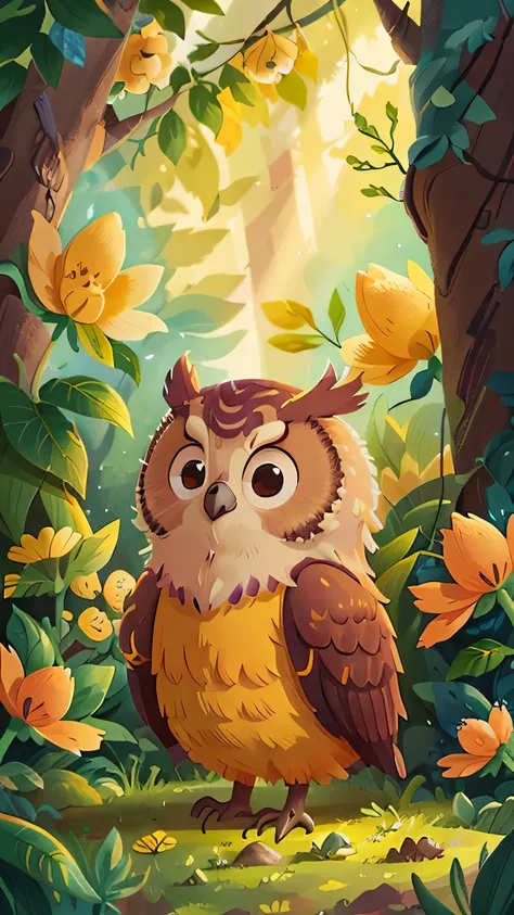 A very cute Owl surrounded by beautiful yellow flowers and nature. The illustration is a high-definition illustration in 4K resolution with very detailed facial features and cartoon-style visuals.