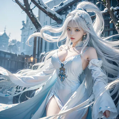 anime girl with long white hair and a blue dress in the snow, white haired deity, white hair floating in air, anime fantasy illustration, flowing white hair, beautiful young wind spirit, beautiful fantasy anime, glowing flowing hair, ethereal anime, beauti...