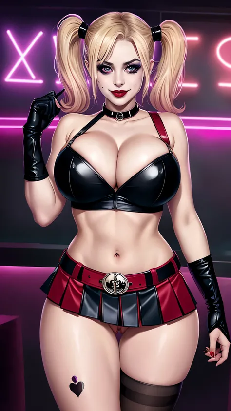 Harley Quinn wearing a skimpy miniskirt outfit, beautiful girl, nsfw, thick thighs, busty, cleavage, not safe for work, nipples, perfect vagina, trimmed pussy hair, thick pubic hair, dark inspired makeup, able to see nipples & pussy through clothing, strip...