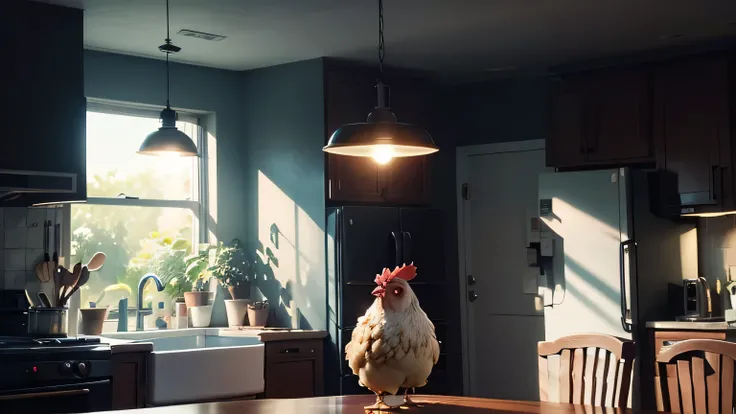 a chicken egg on the kitchen table, dark cinematicc scene lights