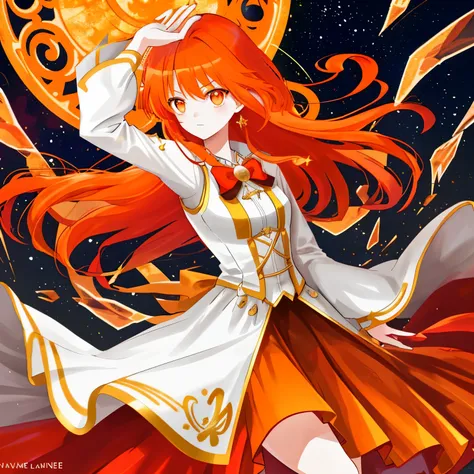 1 girl, orange hair and {{red bangs}}, orange eyes, ((magic emitting)), Royalty dress,