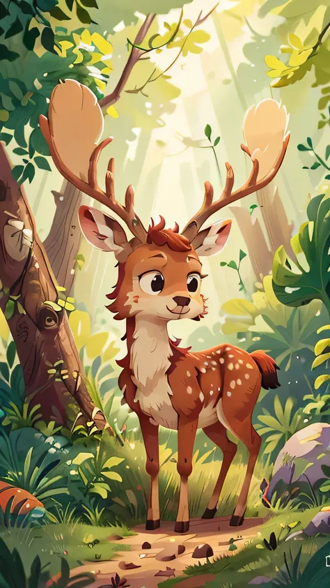 A deer, beautiful animal, real life deer resemblance, cartoon illustration for childrens story book, detailed facial features, full body, big eyes, 4k resolution, real deer like