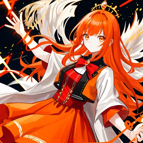 1 girl, orange hair and {{red bangs}}, orange eyes, ((magic emitting)), Royalty dress,