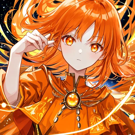 1 girl, orange hair and ((bangs)(, orange eyes, ((magic emitting)), Royalty dress,