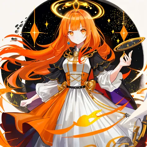 1 girl, orange hair and ((bangs)(, orange eyes, ((magic emitting)), Royalty dress,