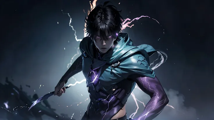 epic anime style, purple lightning, evil temperament, 20-year-old male shadow assassin, glowing black aura, shadow supervisor, h...