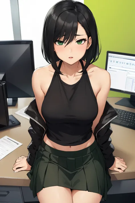 (stripping:1.2),(sexy:1.3),( woman:1.2),(shoulder length black hair),(black tank top),(green jacket and skirt),(enticing),(passionate),(office background),(sitting on desk),(desperate)