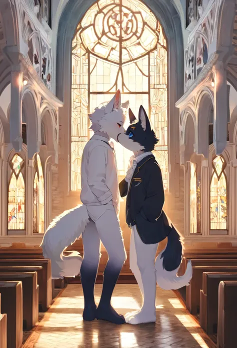 top quality, best quality, masterpiace, super high resolution, detailed background, church(highly detailed beautiful face and eyes)absurdres, perfect anatomy(handsome 2boy, kemono, suits)(furry)(furry anthro:1.7)(Furry body, dog facial features, dog body f...