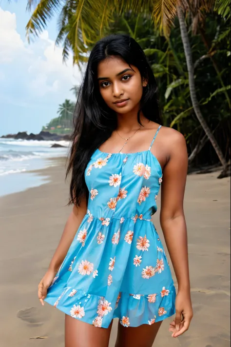 a photo realistic beautiful sirl lankan girl standing on the beach and wearing a beautiful summer dress, floral pattern, shown h...