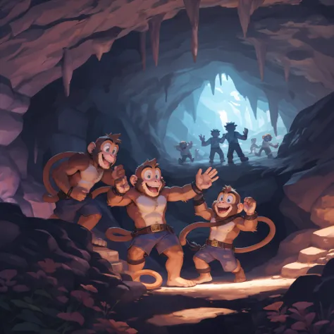 In the heart of a mystical cave, four playful and expressive monkeys are seen engaged in a joyful and mischievous scene. Their furry coats, bright with vibrant colors, gleam in the dappled sunlight filtering through the tree branches above. The monkeys are...