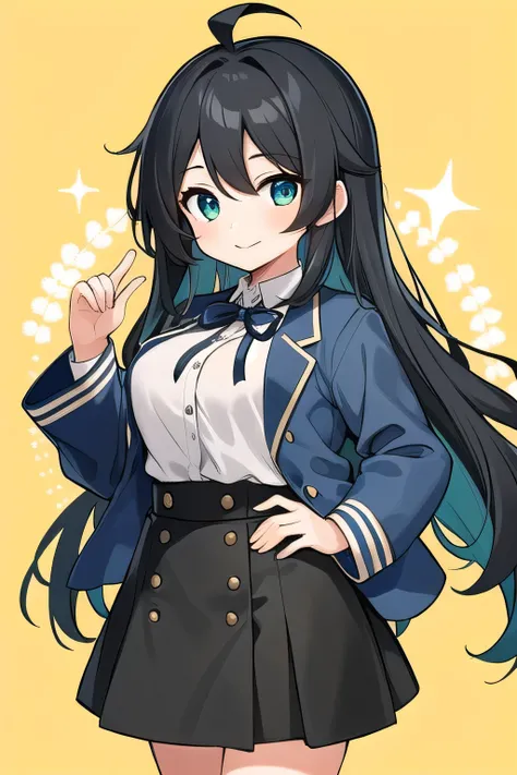 Junior high school student who looks like an elementary school student, 14 years old, very short, 140 cm tall, black hair with a slight green tinge, short ahoge, beautiful long hair but with a little hair sticking out, beautiful round eyes, blue eyes, smil...