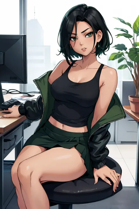 (stripping:1.2),(sexy:1.3),( woman:1.2),(shoulder length black hair),(black tank top),(green jacket and skirt),(enticing),(passionate),(office background),(sitting on desk),(desperate)