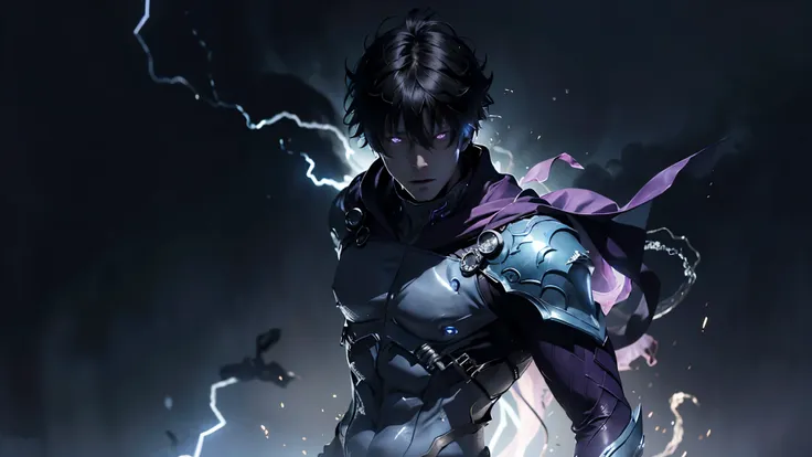 epic anime style, purple lightning, evil temperament, 20-year-old male shadow assassin, glowing black aura, shadow supervisor, handsome face, brilliant and majestic. Beautiful standard body and complete body structure. full body shot of a man with lightnin...